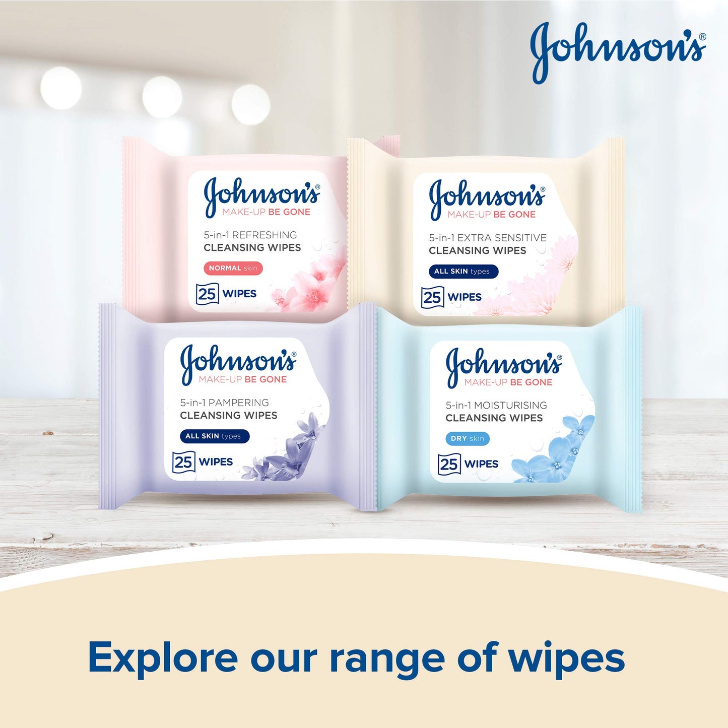 Johnson’s Make-Up Be Gone 5-in-1 Extra-Sensitive Cleansing Wipe, Gently Remove up to 99% of Makeup, Including Waterproof Mascara, Pack of 25 Wipes