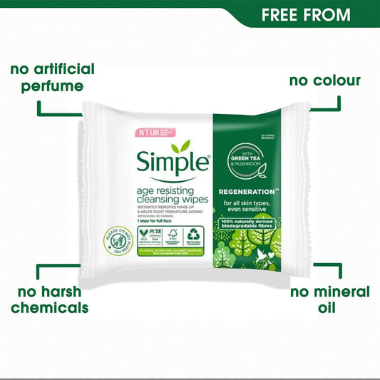Simple Regeneration Age Resisting Biodegradable Facial Wipes remove make-up and fights premature ageing for sensitive skin 20 wipes,package may vary