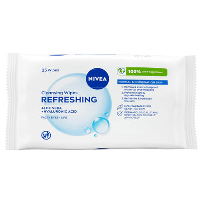 NIVEA Refreshing 3-in-1 Cleansing Face Wipes for Normal Skin (25 sheets), Plant-Based Makeup Wipes, Gentle Yet Effective Face Cleanser with Aloe Vera and Hyaluronic Acid