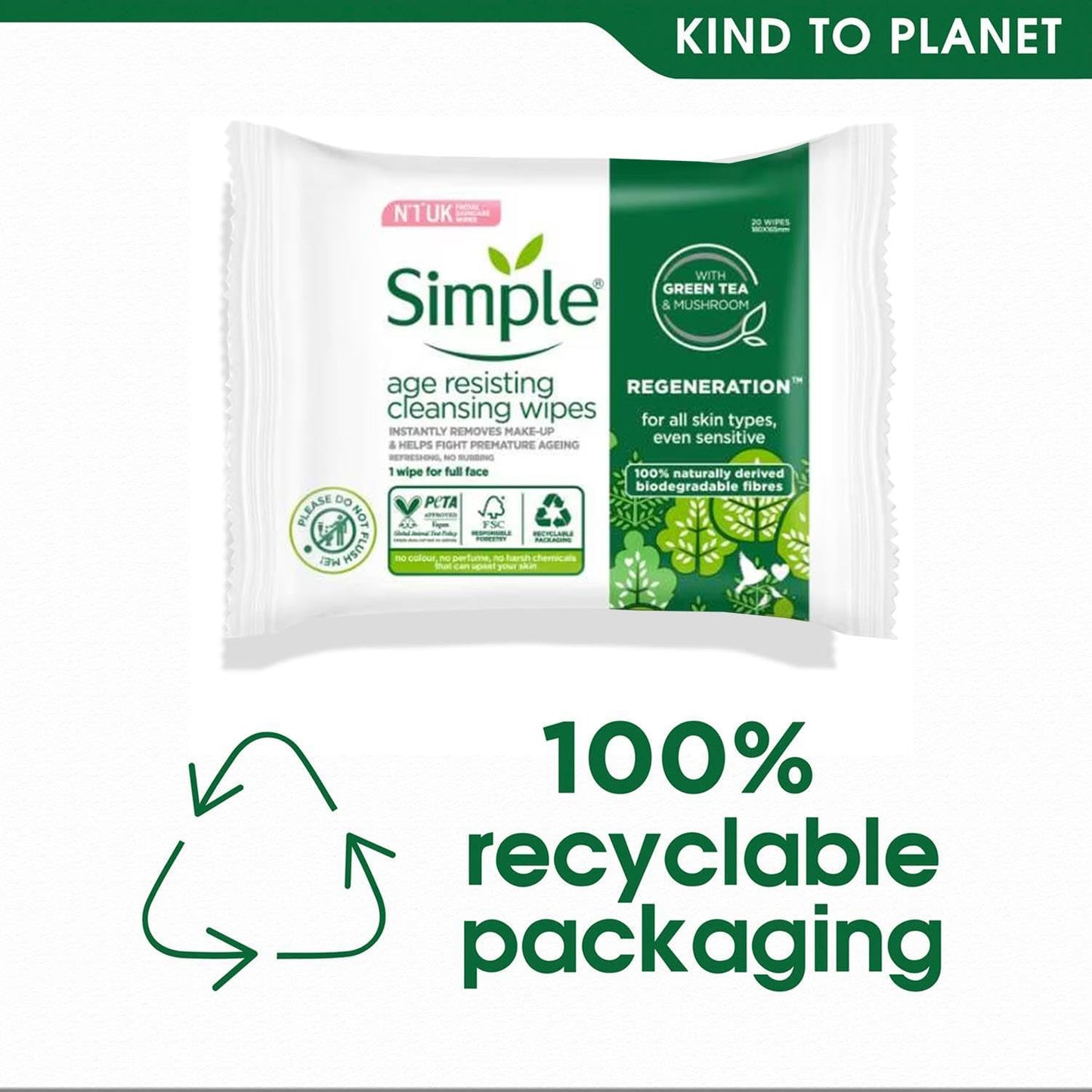 Simple Regeneration Age Resisting Biodegradable Facial Wipes remove make-up and fights premature ageing for sensitive skin 20 wipes,package may vary