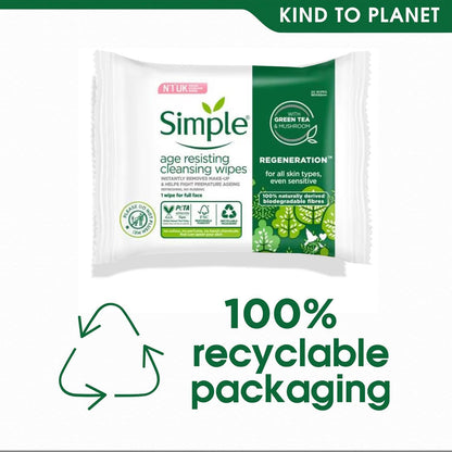 Simple Regeneration Age Resisting Biodegradable Facial Wipes remove make-up and fights premature ageing for sensitive skin 20 wipes,package may vary