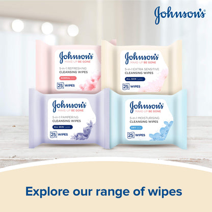 Johnson’s Make-Up Be Gone 5-in-1 Extra-Sensitive Cleansing Wipe, Gently Remove up to 99% of Makeup, Including Waterproof Mascara, Pack of 25 Wipes