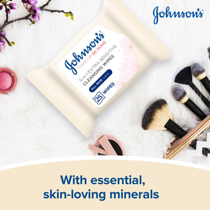 Johnson’s Make-Up Be Gone 5-in-1 Extra-Sensitive Cleansing Wipe, Gently Remove up to 99% of Makeup, Including Waterproof Mascara, Pack of 25 Wipes