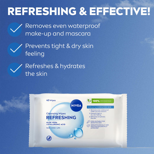 NIVEA Refreshing 3-in-1 Cleansing Face Wipes for Normal Skin (25 sheets), Plant-Based Makeup Wipes, Gentle Yet Effective Face Cleanser with Aloe Vera and Hyaluronic Acid