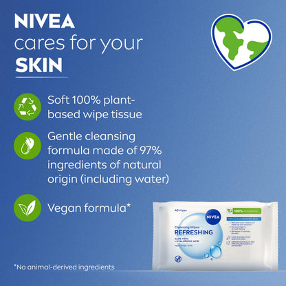 NIVEA Refreshing 3-in-1 Cleansing Face Wipes for Normal Skin (25 sheets), Plant-Based Makeup Wipes, Gentle Yet Effective Face Cleanser with Aloe Vera and Hyaluronic Acid